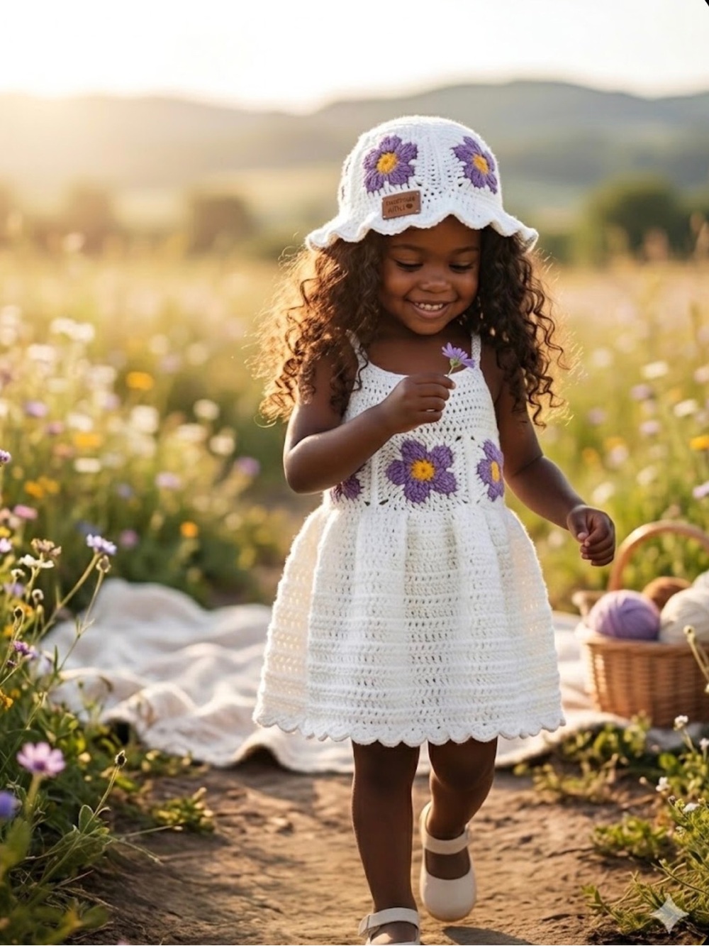 Crocheted White Kids Dress with Purple Daisy Accents